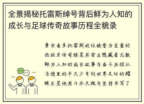 全景揭秘托雷斯绰号背后鲜为人知的成长与足球传奇故事历程全貌录