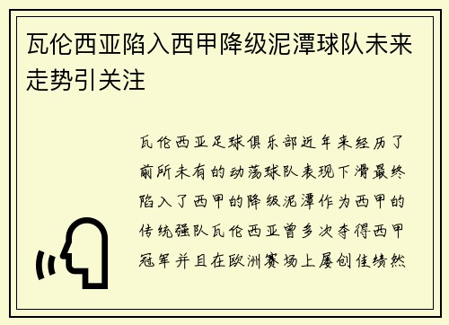 瓦伦西亚陷入西甲降级泥潭球队未来走势引关注